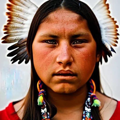 Prompt: award winning photo of a young native american woman in the style of martin schoeller