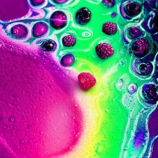 Image similar to raspberry, blueberry, vanilla smoothie, intricate complexity, inverted neon rainbow drip paint, trending on art station, photoreal, 8 k, octane render