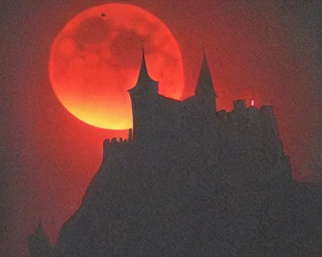 Prompt: dracula's castle rising up from the mist at night silhouetted by a single huge bloodmoon by dc comics, stunning, comic, pen and ink, slash page, highly detailed