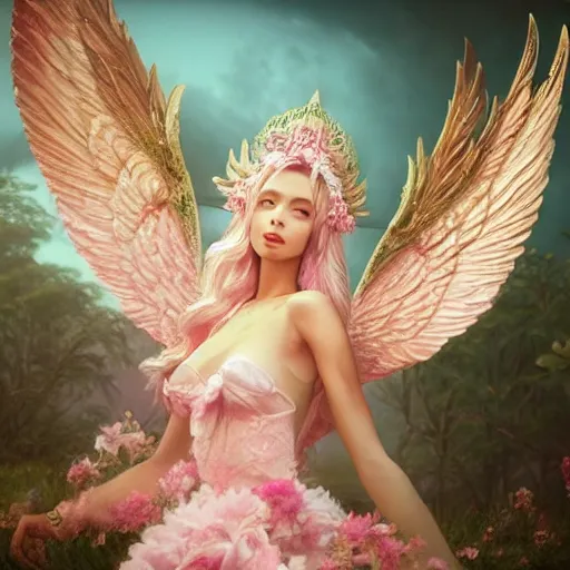 Image similar to expressive full body photo of sophia lauren as beautiful angel, smooth glowing skin, ornate headpiece made from pink flowers, glamour shot, by yoshitaka amano, by greg rutkowski, by jeremyg lipkinng, by artgerm, octane render, unreal engine, photorealistic, canon r 3, fashion photography