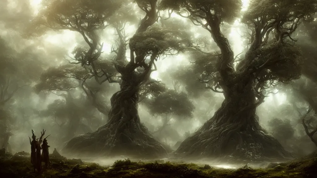 Prompt: the great elven tree. andreas achenbach, artgerm, mikko lagerstedt, zack snyder, tokujin yoshioka