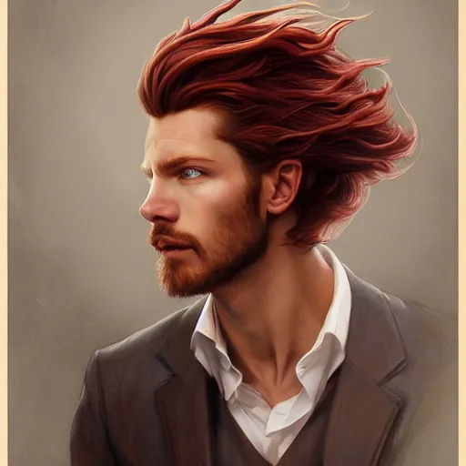 Prompt: portrait of a dragon with a humanoid face, male, handsome, masculine, full body, red hair, long hair, soft hair, fantasy, intricate, elegant, highly detailed, suit, coffee shop, digital painting, artstation, concept art, character art, smooth, sharp focus, illustration, art by artgerm and greg rutkowski and alphonse mucha