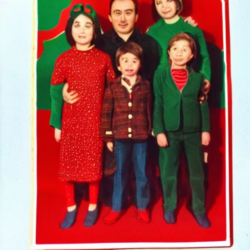 Prompt: alien at a soviet christmas, family photo, 1 9 7 0 s, eikon 5 0 mm, camera flash