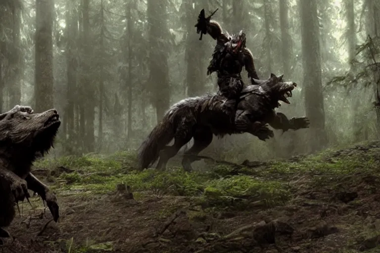 Image similar to vfx movie closeup detailed ancient armored warrior orc hunting riding large wolf in the forest, natural lighting by emmanuel lubezki