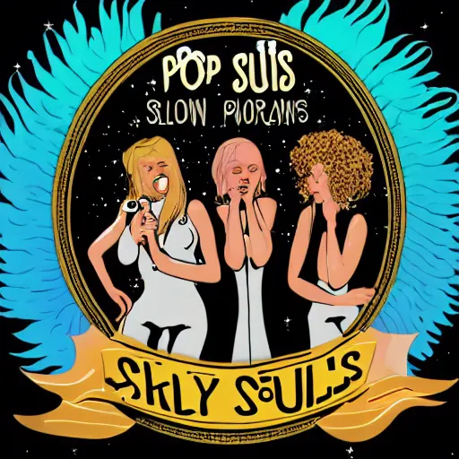 Prompt: illustration of a pop rock music group named'shiny souls'with two woman singers with blonde hair and one woman singer with brown curly hair singing in front of the crowd, aerial view, digital art