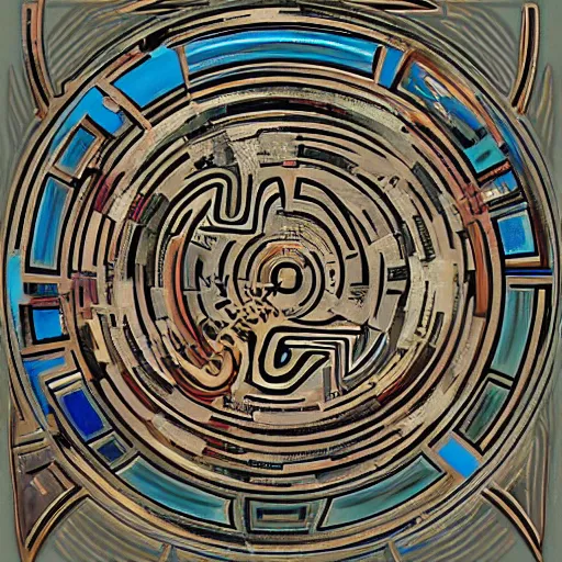 Image similar to maze labyrinth steampunk by albert gleizes and by hilma klint, hd, artstation, fluid colors, drip