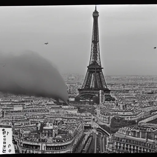 Image similar to extensive smoke rising from the top of the eiffel tower, aerial view, several police cars and crowds running across the ground, polaroid, 6 0's, hyperrealism, no blur, 4 k resolution, ultra detailed