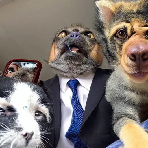 Image similar to Dog, cat and monkey in suits taking selfie.
