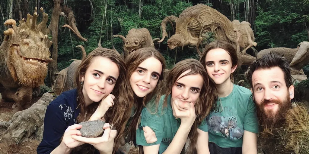 Image similar to photo, three hairy fat cave people, emma!! watson!!, looking at camera, surrounded by dinosaurs!, gigantic forest trees, sitting on rocks, bright moon, birthday cake on the ground, front close - up view of her face