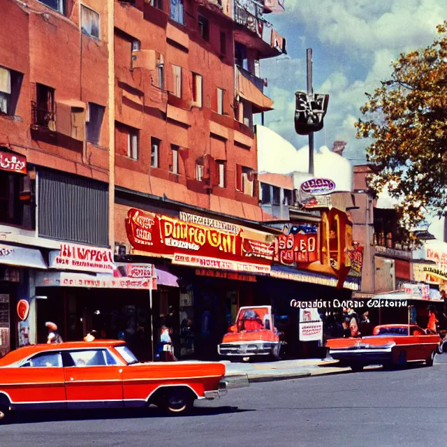 Prompt: kodachrome photograph of a city street with many donut shops, donut stores, 1 9 6 7 in the year 1 9 6 7, saturated photograph