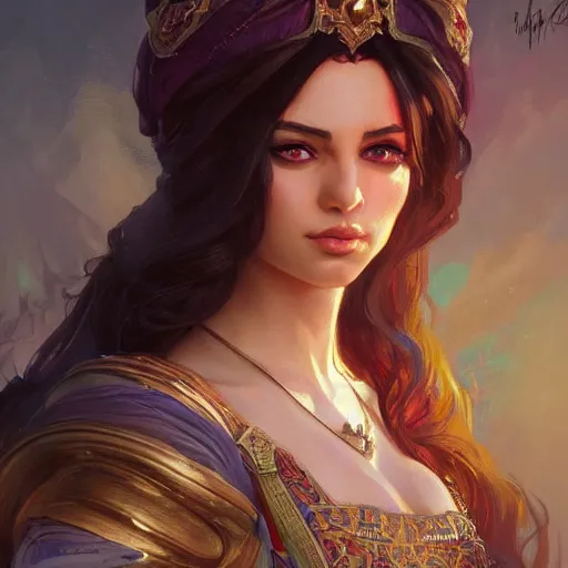 Image similar to persian princess, D&D, painted fantasy character portrait, highly detailed, digital painting, artstation, concept art, sharp focus, illustration, art by artgerm and greg rutkowski and alphonse mucha