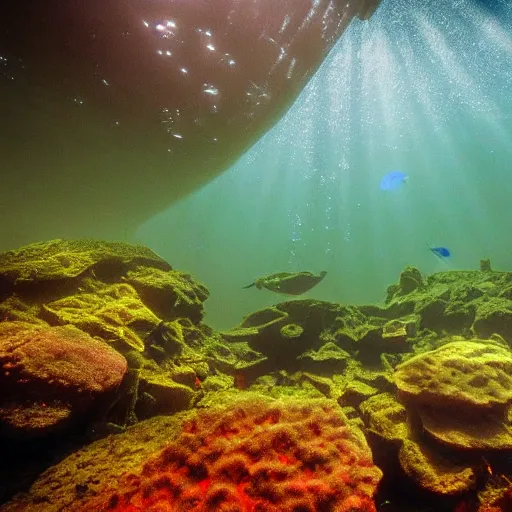 Image similar to underwater landscape view of Scottish Parliament, deep underwater, fish shoal, in style of Greg Rutkowki, dynamic lighting, 4k, very very very highly detailed, hyper realistic