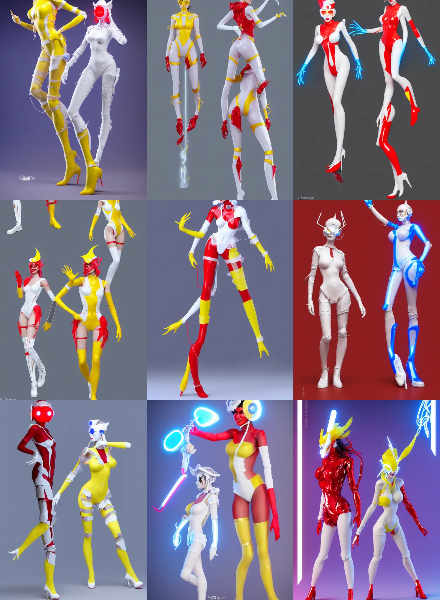 Prompt: a full body character design by loish, hong soonsang, tooth wu and zeen chin. laser white and yellow tape and red translucent plastic tape attctive showgirl!! sci - fi helmet with blue glowing eyes!! sharp edges. contour light!! ultra detailed, elegant, intricate, octane render.