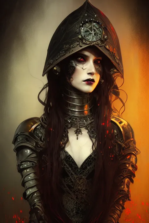 Image similar to beautiful and gothic and evil and luxury and dieselpunk young medieval female knight portrait +smoky eyes+front face with light flowing hair, ultradetail face, art and illustration by tian zi and craig mullins and WLOP and alphonse mucha, fantasy, intricate complexity, human structure, human anatomy, fantasy character concept, watermark, blurry, hyperrealism 8k