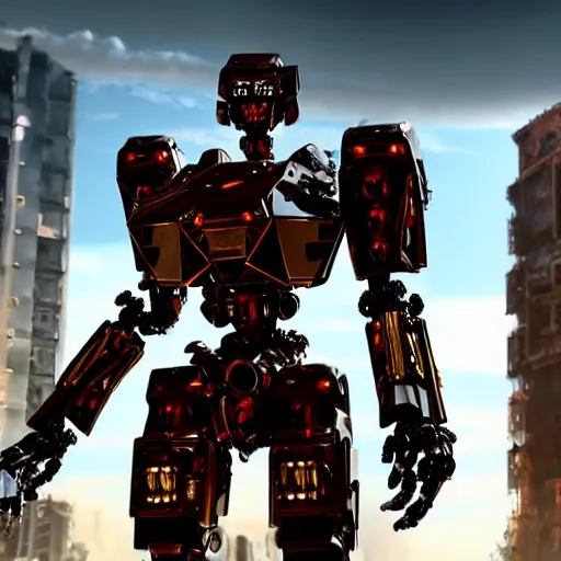 Image similar to a shiny ornate boxing humanoid mecha in ruin city, victory, bright, by war robots, real steel ( 2 0 1 1 ), westworld and eve venture and pacific rim and machine warrior 5, cryengine, frostbite 3 engine, scarlet and yellow scheme, sharp focus, 8 k, high definition, insanely detailed, soft lighting, smooth face