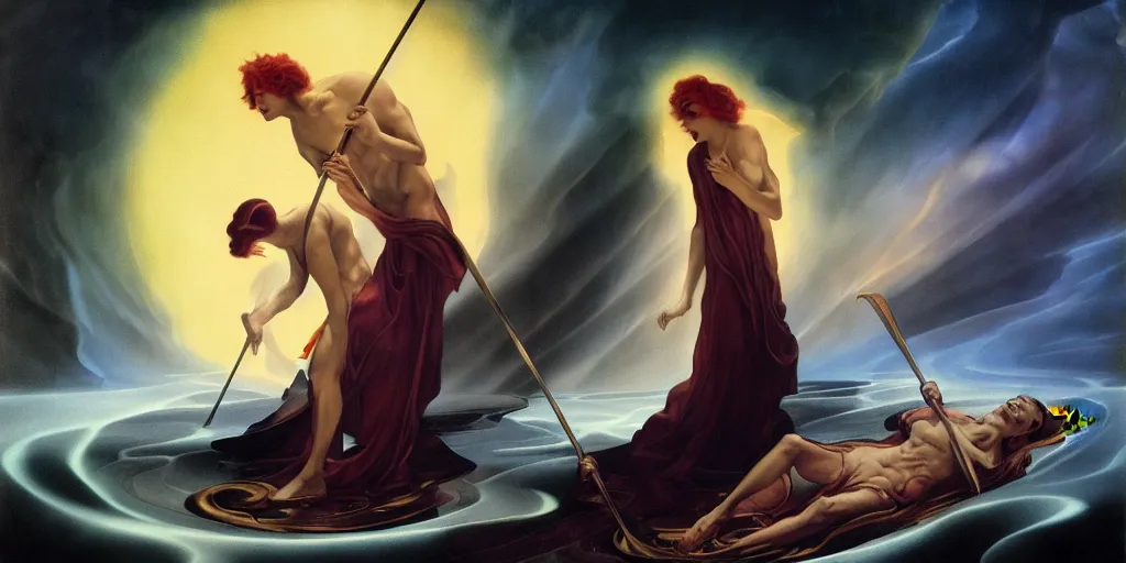 Prompt: Charon the ferryman of Hades, by Rolf Armstrong and Evelyn De Morgan, dramatic lighting, high contrast colors, baroque, empyrean, panoramic view, as trending on Artstation, highly detailed, doom engine,