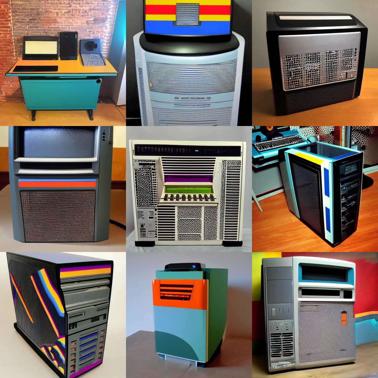 Prompt: old computer, memphis design, late 90's, geometric, colorful