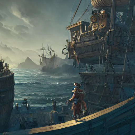 Prompt: pirate barrelman looking at horizon, Dynamic lighting, cinematic, establishing shot, extremely high detail, foto realistic, cinematic lighting, pen and ink, intricate line drawings, post processed, concept art, artstation, matte painting, style by Raphael Lacoste, Eddie Mendoza