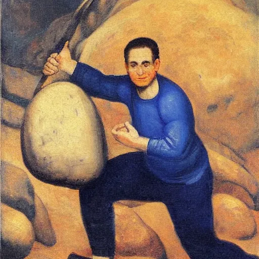 Prompt: a painting of benjamin netanyahu as sisyphus, carrying large boulder on shoulders, large mountain, by franz stuck