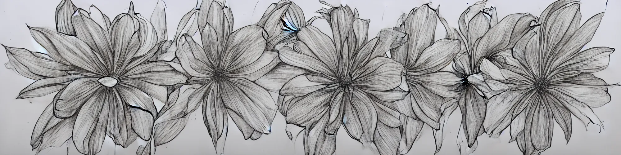 Image similar to excellent flower in various stages of life, line drawing, pencil