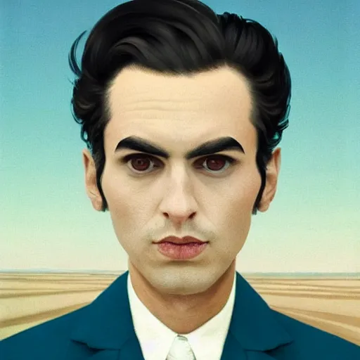 Prompt: a fine art portrait of a man with black hair that is shorter on the sides, wonky eyebrows that are different sizes. Bags under his eyes. In the style of Stanley Kubrick and Wes Anderson, Art directed by Edward Hopper.