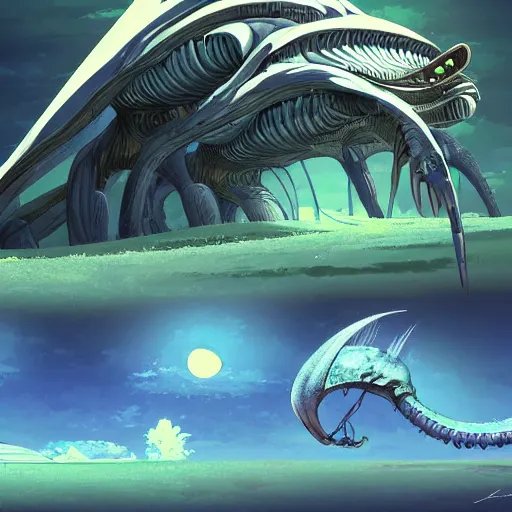 Image similar to concept art painting of alien creatures, detailed, cel shaded, in the style of makoto shinkai and moebius and james gurney