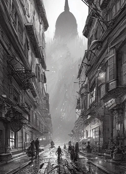 Image similar to Budapest , Dynamic lighting, cinematic, extremely high detail, photo realistic, cinematic lighting, pen and ink, intricate line drawings, post processed, concept art, artstation, matte painting, style by Raphael Lacoste, Eddie Mendoza, Q Hayashida