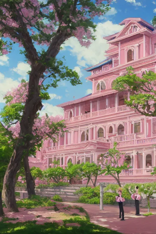 Image similar to painting of ouran highschool host club academy, front view, rococo style, greek architecture, pink marble building, sakura trees, sakura season dynamic lighting, landscape, artwork by jeremy lipkin and giuseppe dangelico pino and michael garmash and rob rey and greg manchess and huang guangjian and makoto shinkai, pixiv, 1 0 0 mm