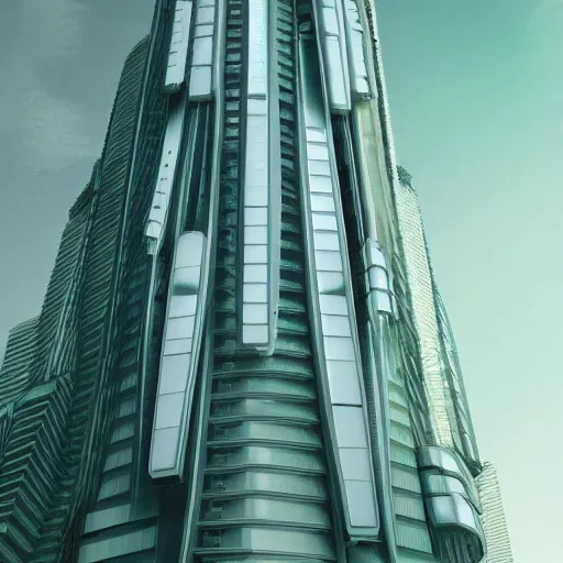 Prompt: futuristic skyscraper, white structural geometric, dark green glass, very realistic, very detailed, cinematic lighting, architecture photography, intricate, artstation, complicated, elegant