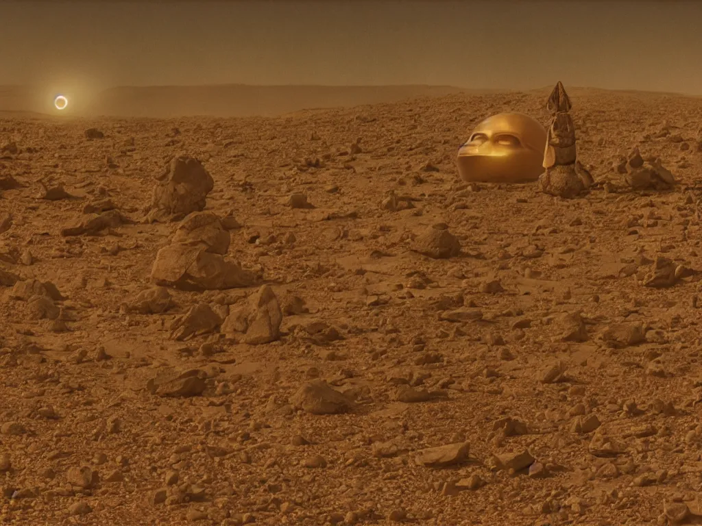 Prompt: glowing bene gesserit in full - face golden glowing mask in a black rocky desert landscape with alienabandoned city beneath the sand and giant alien spaceship in the sky and solar eclipse by christopher doyle and alejandro jodorowsky, anamorphic lens, kodakchrome, cinematic composition, very detailed photo, 8 k,