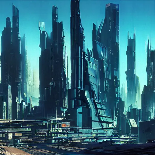 Image similar to futuristic cyberpunk city panorama, daylight, blue sky, cinematic lighting, blue sky, syd mead, john harris