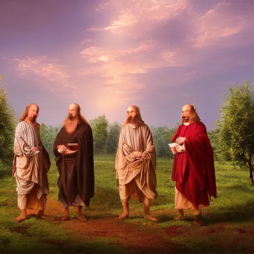 Prompt: Four wise scholars standing at the edge of a beautiful orchard at twilight, detailed and realistic matte painting, digital art