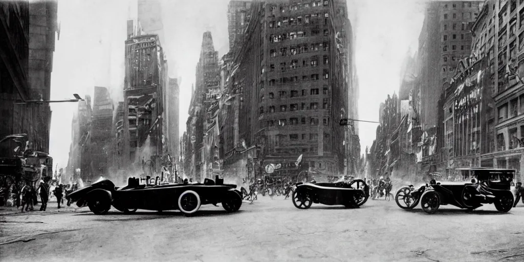 Prompt: old black and white photo, 1 9 1 3, depicting batmobile from dark knight rampaging through the bustling streets of new york city, rule of thirds, historical record