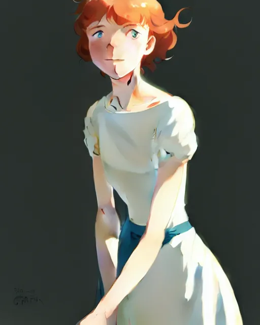 Image similar to young southern woman, freckle, ginger hair, sad cerulean eyes, simple cream dress, detailed perfect face, exquisite details, mid view, design on a white background, by studio muti, greg rutkowski makoto shinkai takashi takeuchi studio ghibli