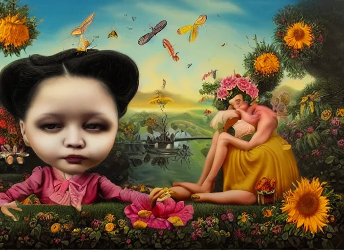 Image similar to 🌻🎹🎼, lowbrow in the style of camille rose garcia and mark ryden and salvador dali, 8 k, matte painting,