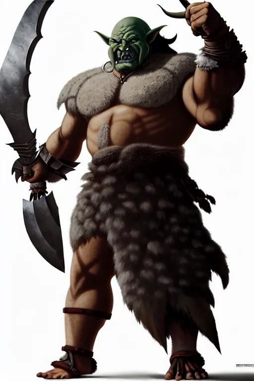 Image similar to orc barbarian wearing leather armor, full body shot, exquisite details, earth magic, mid view, design on a white background, by studio muti, greg rutkowski, makoto shinkai, takashi takeuchi, studio ghibli