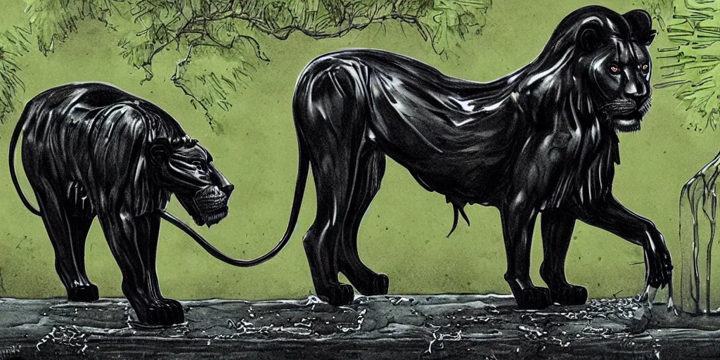 Prompt: the black lioness, made of ferrofluid, in a suburban neighborhood, dripping tar. animal drawing, drawing, environment art