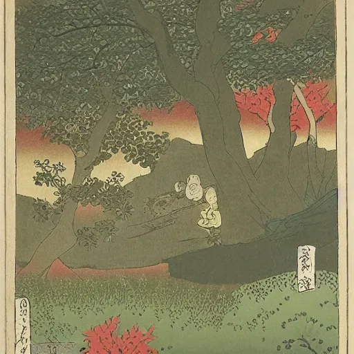 Prompt: A beautiful photograph of a serene and picturesque forest scene. The leaves are all different shades of green, and the sunlight is shining through the trees. There is a small stream running through the forest, and the whole scene is surrounded by mountains. lawn green, ensō by Utagawa Kuniyoshi, by Jean Fouquet