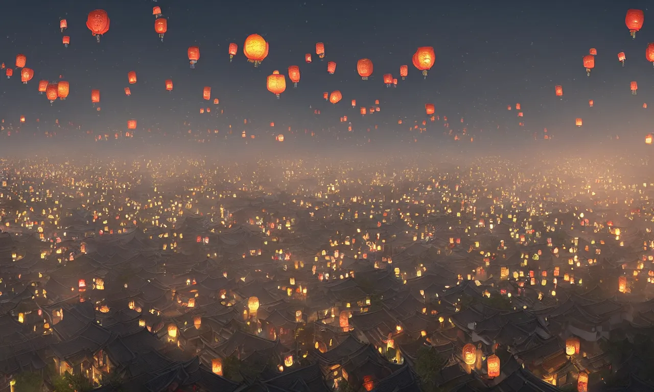 Prompt: A Chinese Tang Dynasty Chang'an City night scene of the original game concept scenes, thousands of Kongming lanterns flying into the sky, ultra-wide angle, magnificent atmosphere, super wide angle, magnificent and gorgeous atmosphere，rtx on，by Jordan Grimmer and Jonas De Ro, trending on cgsociety and artstation, unreal engine，Volumetric light，surreal