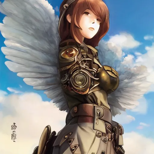 Prompt: girl with metal wings and a copper sword, wearing a brown uniform, steampunk, extremely detailed, made by wlop, studio ghibli, artgerm, full body portrait, illustration, grass, sunny, sky, anime, side view, perfect anime face, detailed face,