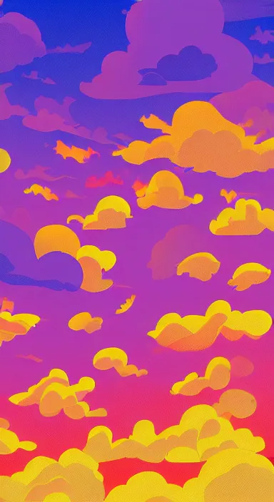 Prompt: yellow clouds, under orange clouds, sunset, smooth, cartoonish vector style, background artwork, digital art, award winning, pixel art