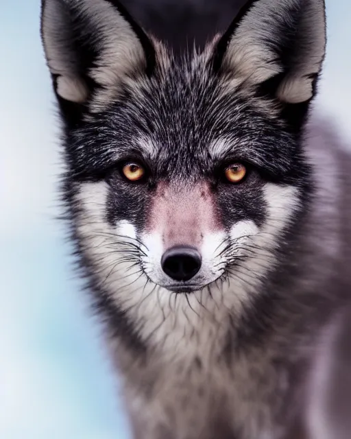 Image similar to black pink green blue white fox looking into the camera, portrait, blue background, 8 k, 8 5 mm f 1. 8