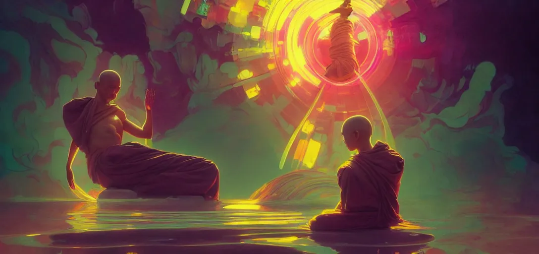 Image similar to a floating monk meditating, channeling swirling energy, wearing cyberpunk clothing, vaporwave aesthetic, colorful, psychedelic, digital painting, artstation, concept art, smooth, sharp focus, illustration, art by artgerm and greg rutkowski and alphonse mucha