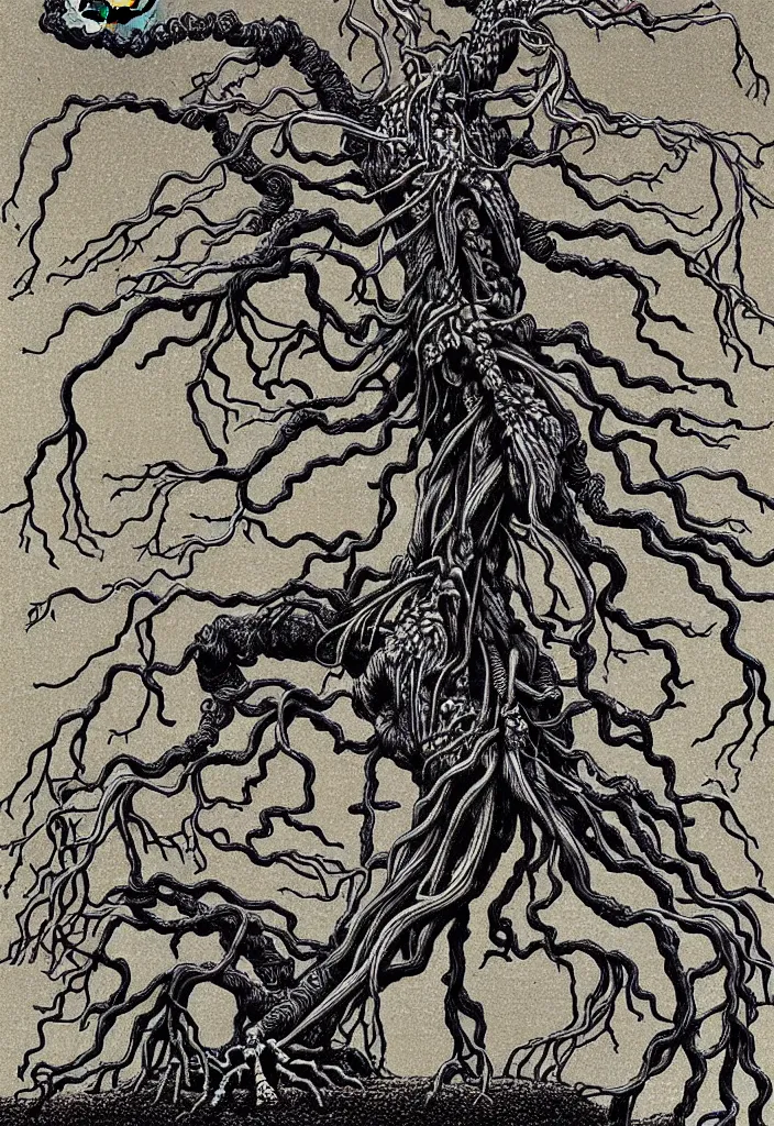 Image similar to prompt: anatomy dissection drawing skeleton Bonsai tree squid creature roots merging into big moon drawn by Takato Yamamoto, bonsai skeleton anatomy atlas, veins and organs attached to tree roots, alchemical objects inspired by 1980's sci-ci, old experimentation cabinet, intricate oil painting detail, manga 1980