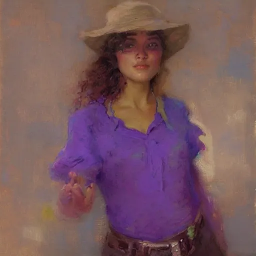 Prompt: a woman in a purple shirt with a normal body type, painting by Gaston Bussiere, Craig Mullins