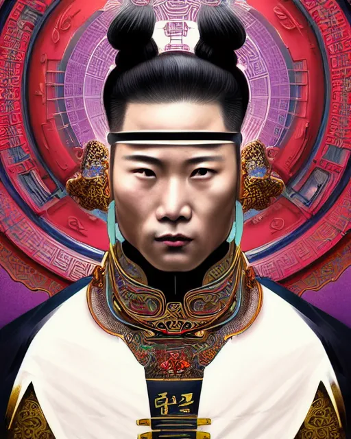 Image similar to portrait of a chinese masculine male cyberpunk machine, machine face, upper half portrait, decorated with chinese opera motifs, muscular, asian, fine china, wuxia, traditional chinese art intricate intense elegant 京 剧 highly detailed symmetry headpiece digital painting artstation concept art smooth sharp focus illustration, art by artgerm and greg rutkowski alphonse mucha 8 k