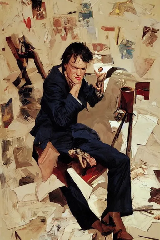 Image similar to quentin tarantino caressing feet, painting by jc leyendecker!! phil hale!, angular, brush strokes, painterly, vintage, crisp