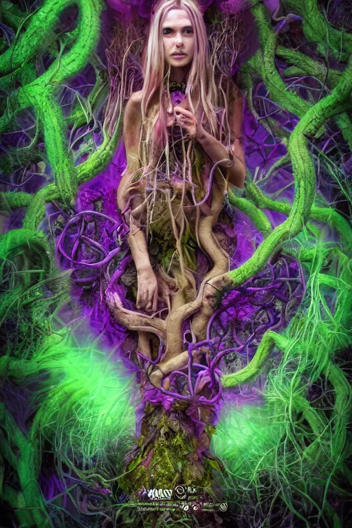 Image similar to female shaman of the purple forest, neon cloak, mycelium, fungi, vines, symmetrical features, illusion, magical realism, ultradetailed, volumetric lighting, 4k UHD, film poster.