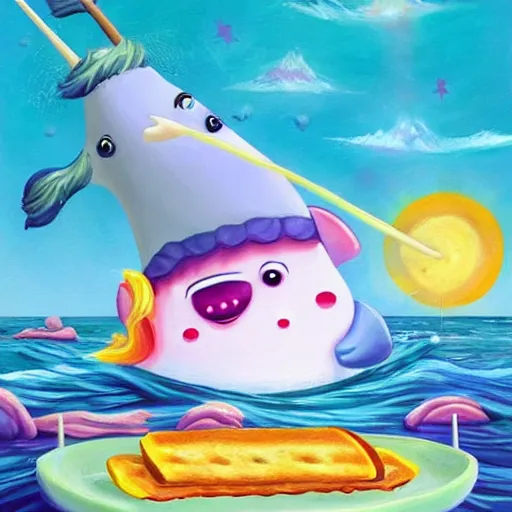 Image similar to a painting of a narwhal with a sandwich impaled on it's horn by lisa frank, trending on artstation, 8 k, unreal engine