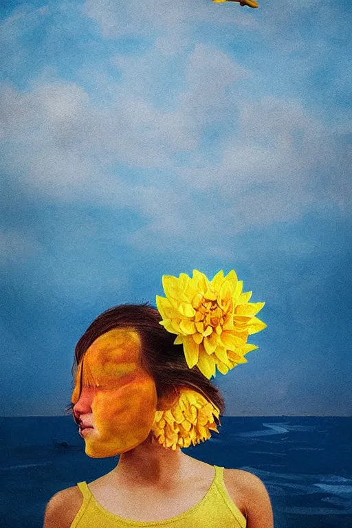 Image similar to closeup girl with huge yellow dahlia flower face, on beach, surreal photography, blue sky, sunrise, dramatic light, impressionist painting, digital painting, artstation, simon stalenhag